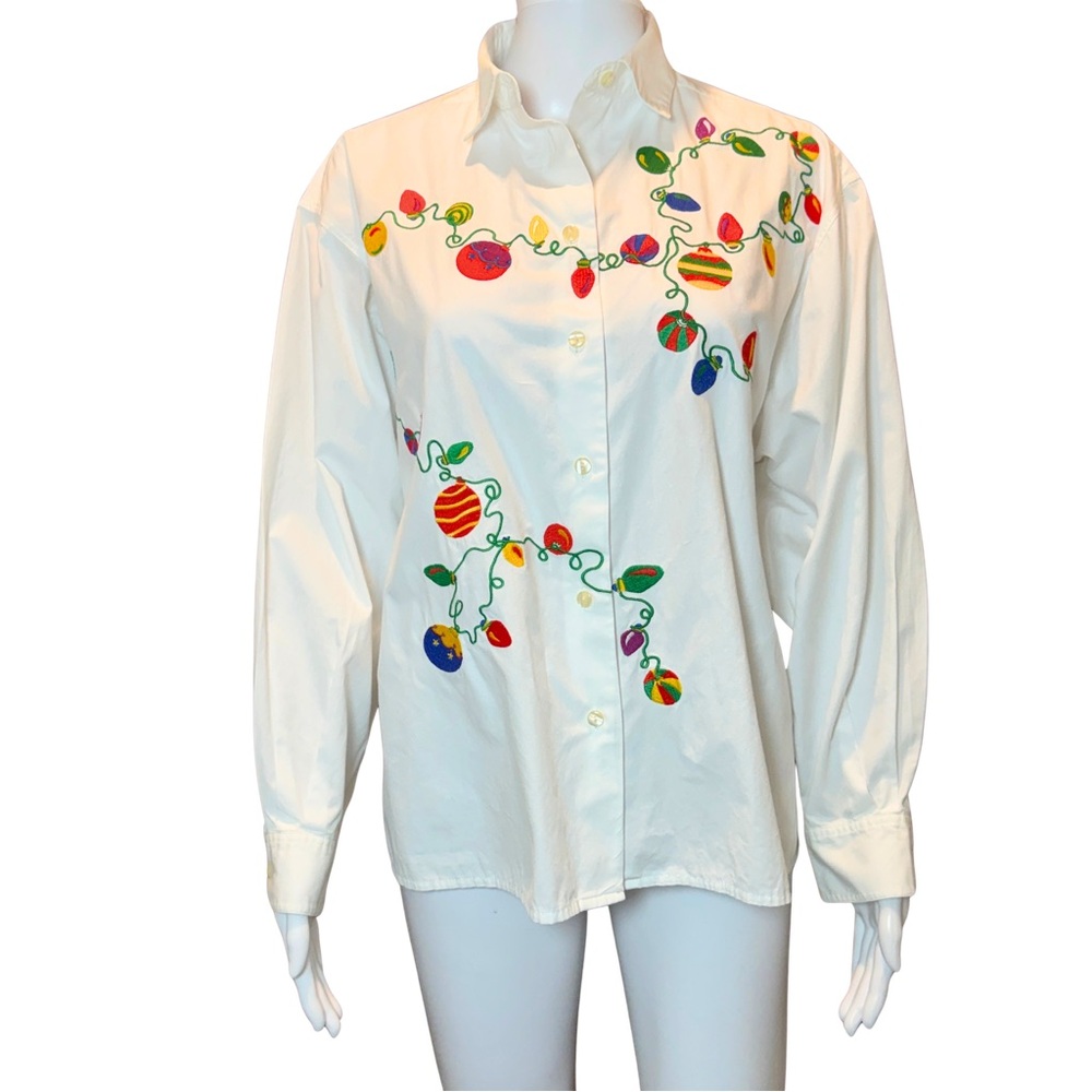 Christmas Lights Ornament Embroidered Button Up Shirt Size S